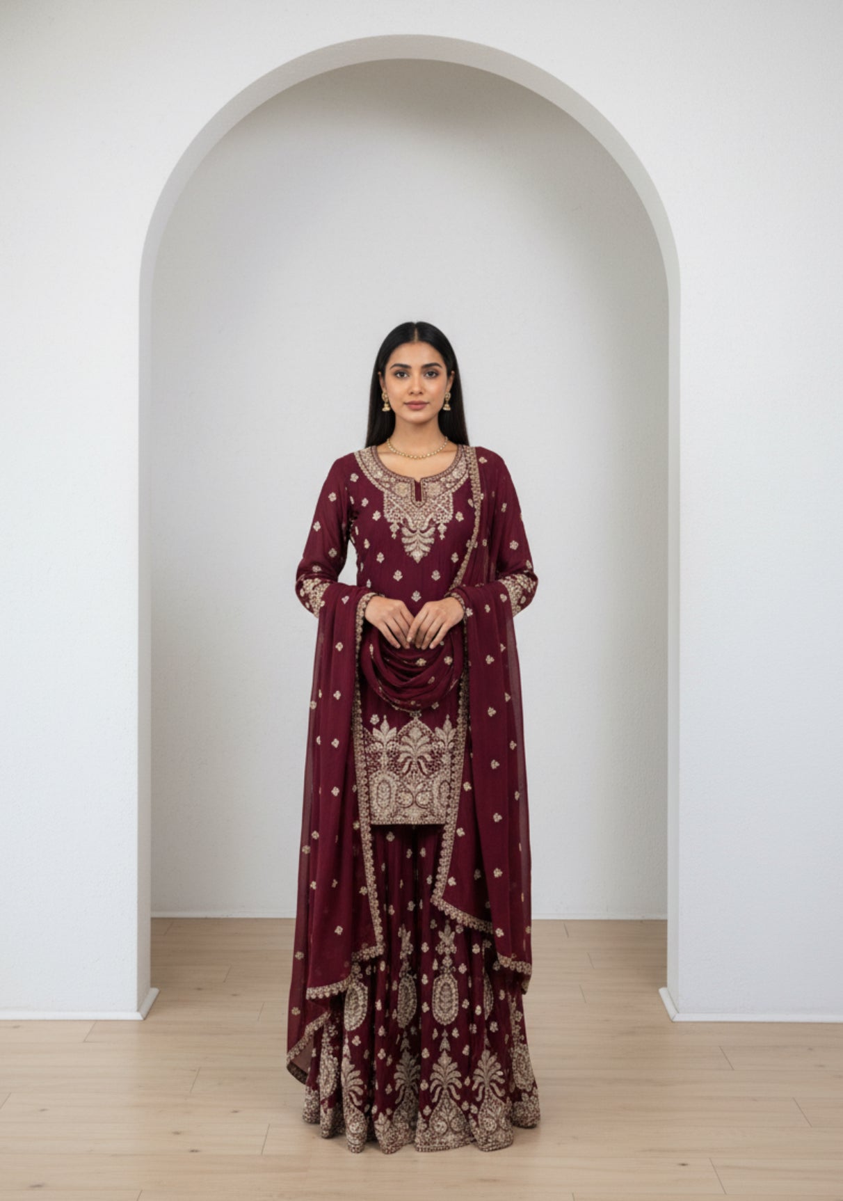 Maroon Embroidered Georgette Sharara Suit