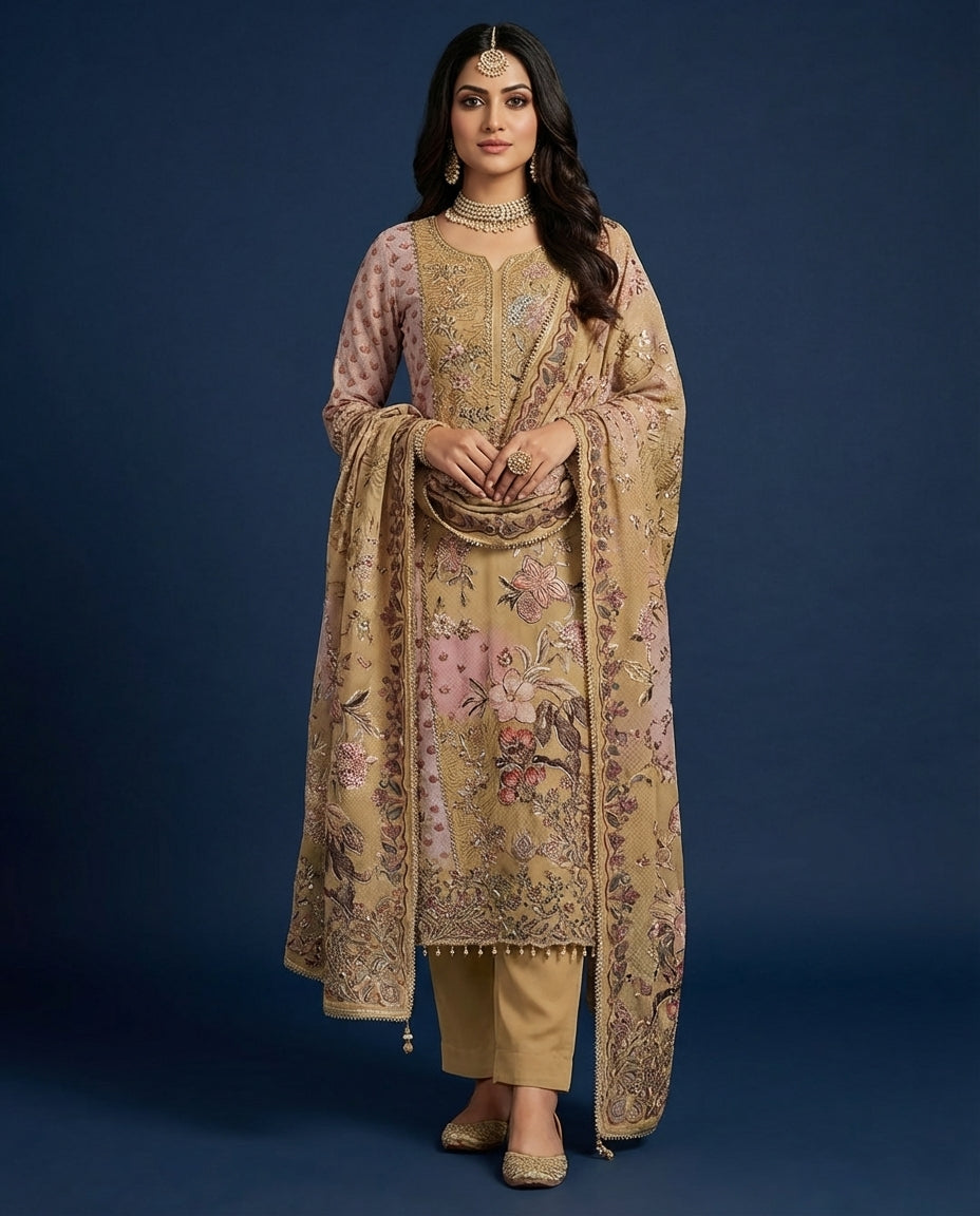 Elegant Embroidered Unstitched Suit Fabric – Luxury Floral Design