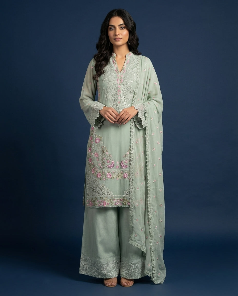 Pastel Embroidered Farshi Salwar Suit Set with Dupatta