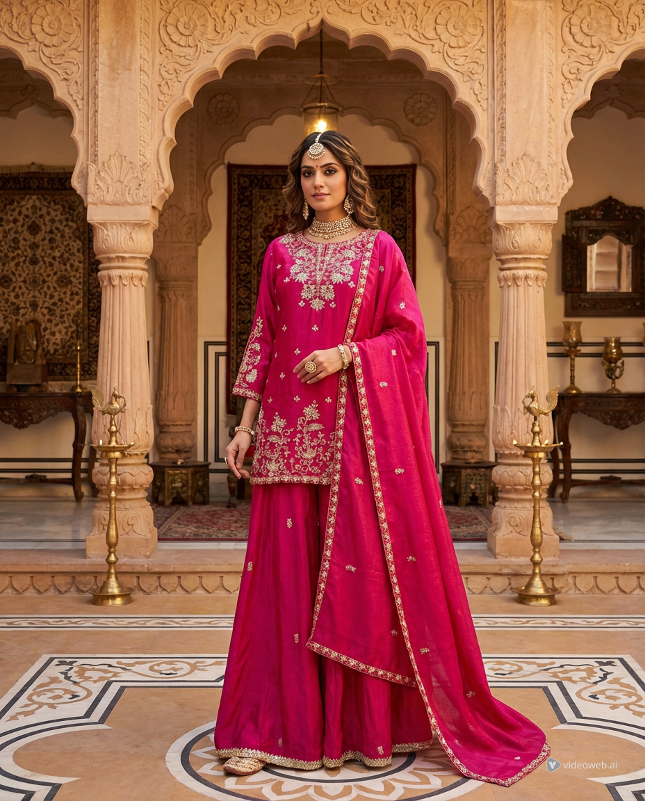 Embroidered Sharara Set with Dupatta – Magenta & Royal Purple