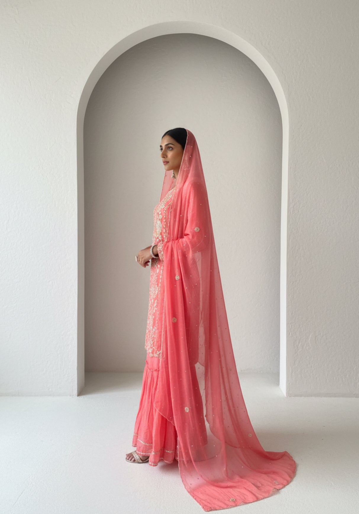 Coral Pink Embroidered Georgette Sharara Set