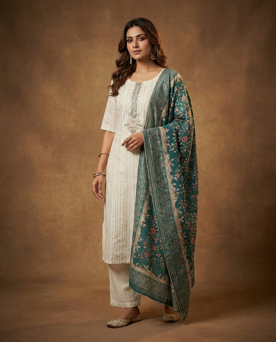 Versatile Flared Pants Suits With Printed Banarsi Dupatta