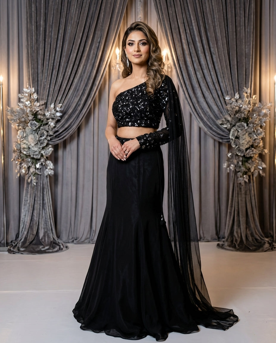 Black Fish Cut Lehenga With One Shoulder Blouse