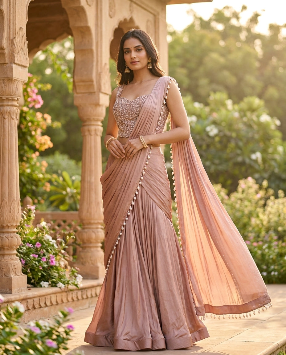 Dusty Rose Pink Lehenga Saree