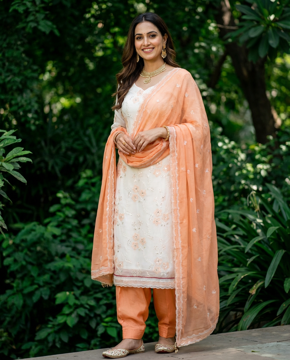 Peach & Ivory Embroidered Unstitched Suit Set