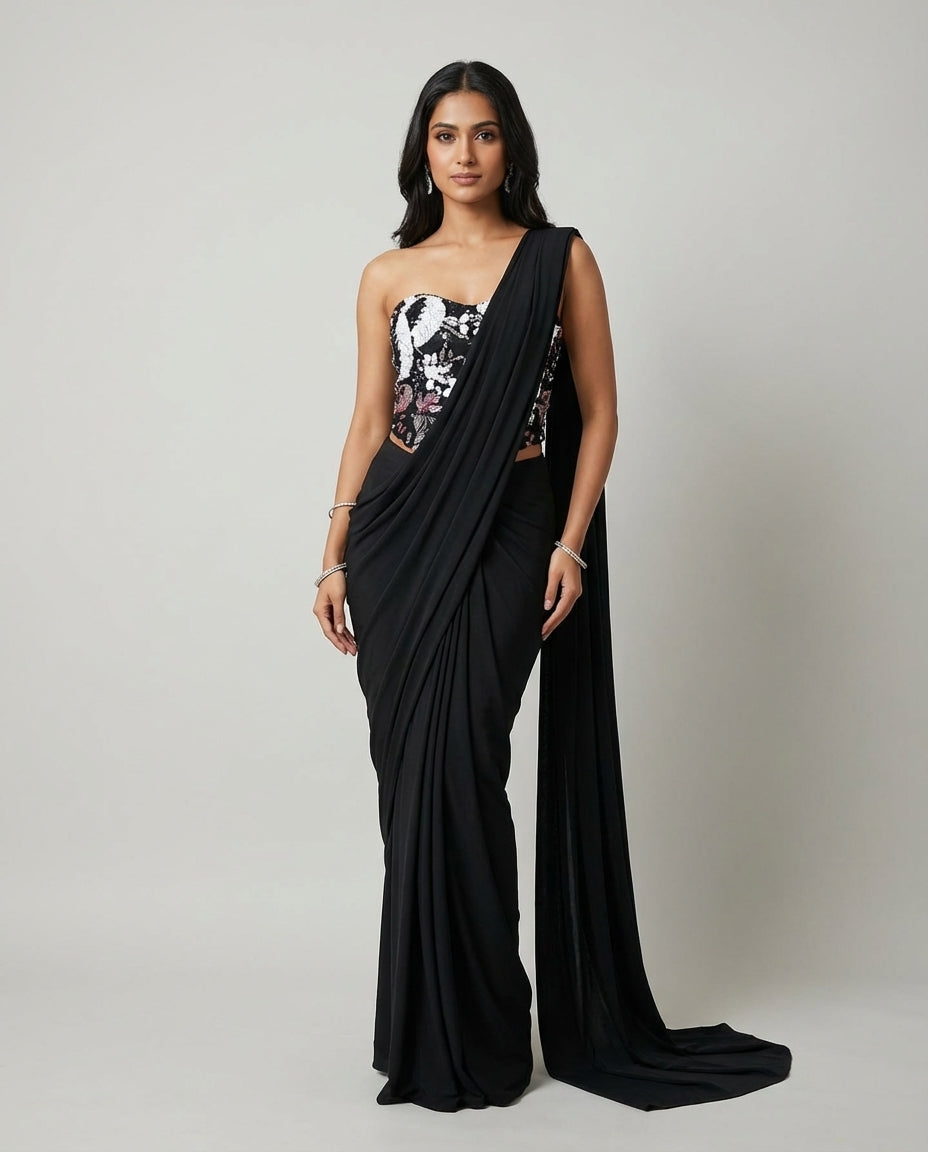 Black Pre-Draped Saree with Embellished Blouse