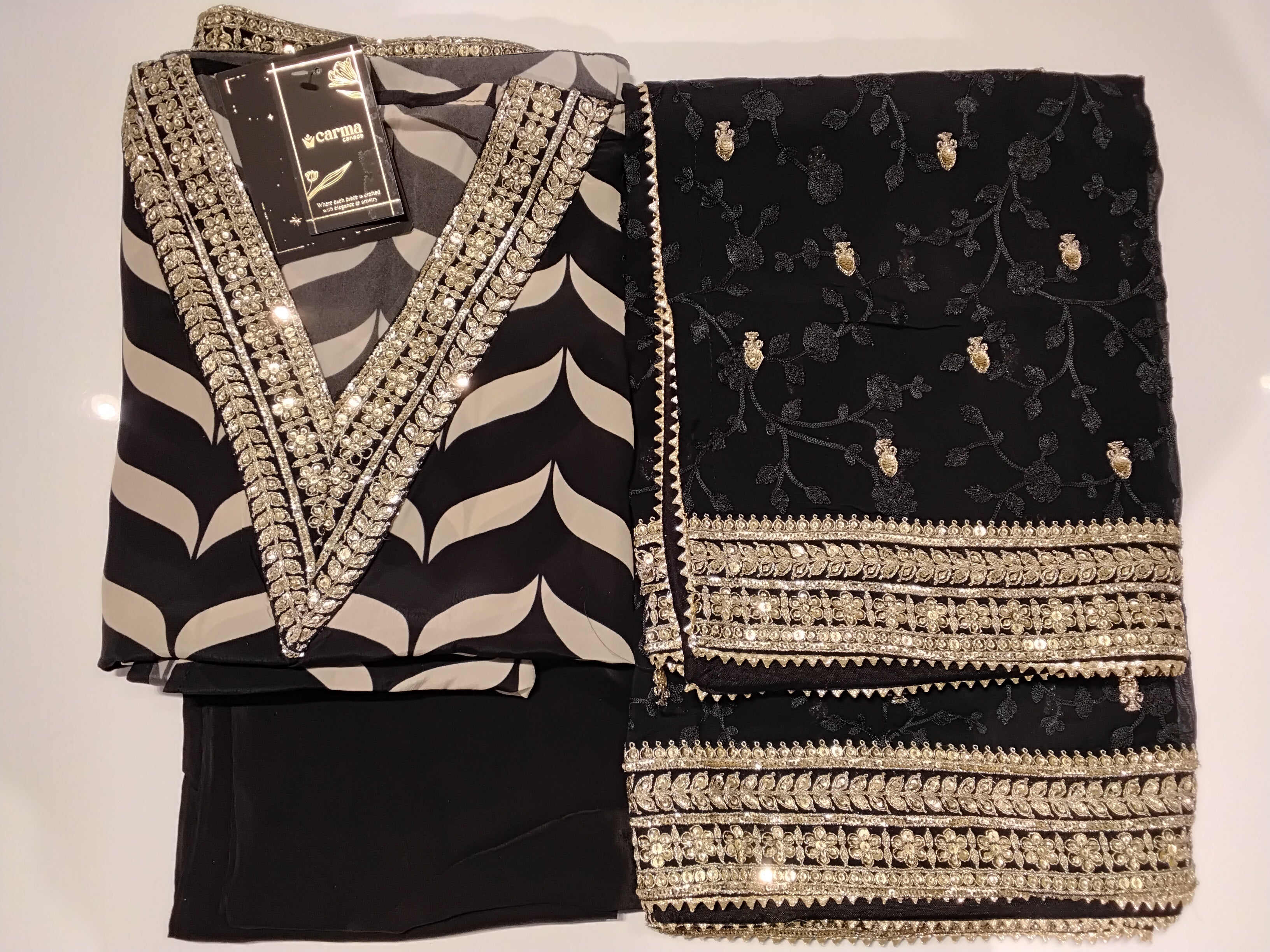 Black & Gold Embroidered Unstitched Suit Set with Designer Dupatta