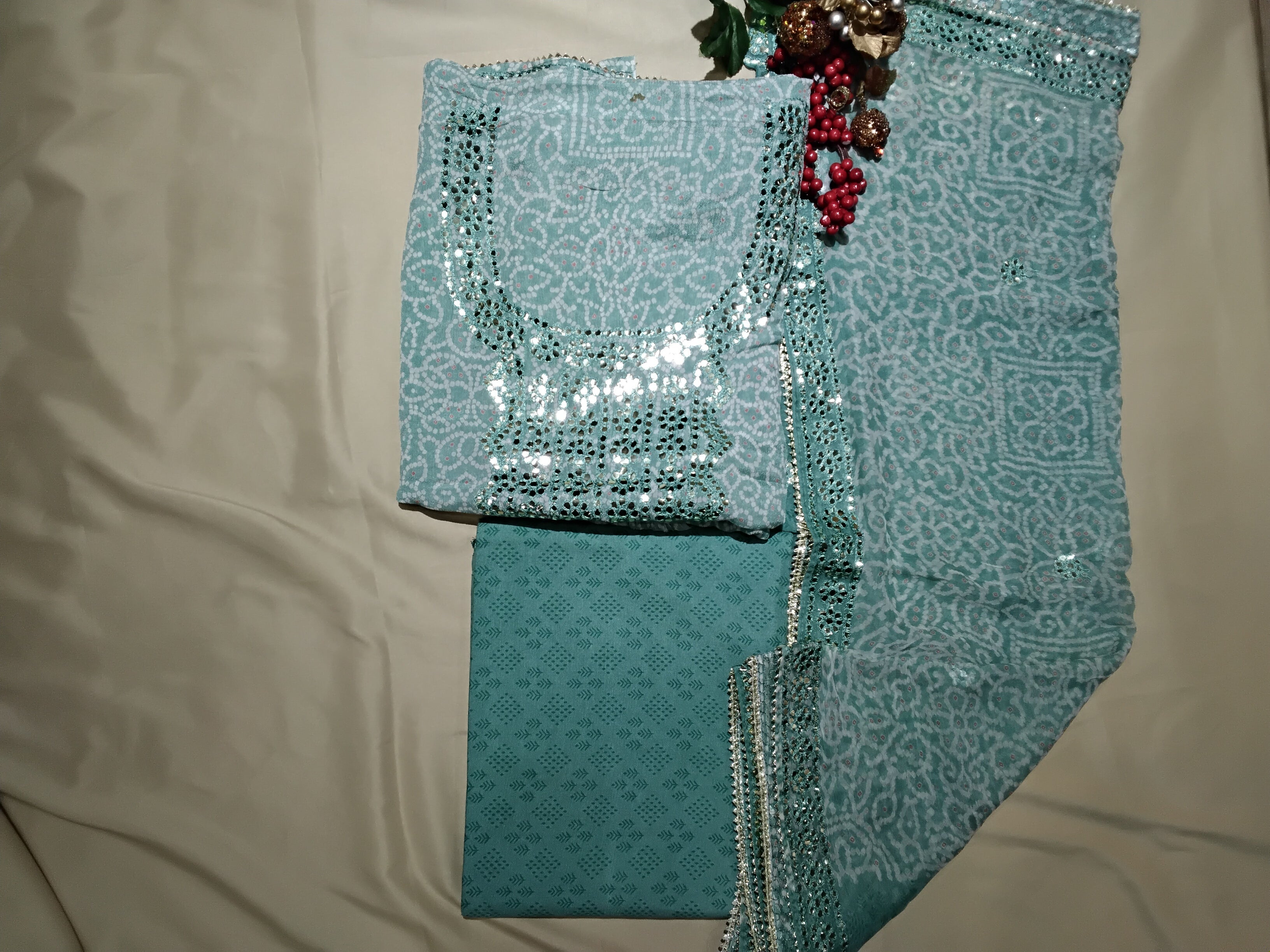 Soft sequin & mirror work unstitched suit