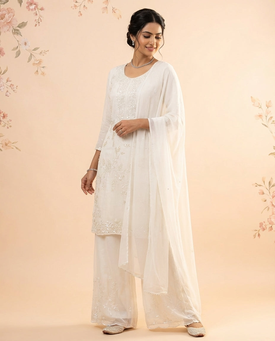 Elegant White Sharara Suit With Same Tone Embroidered