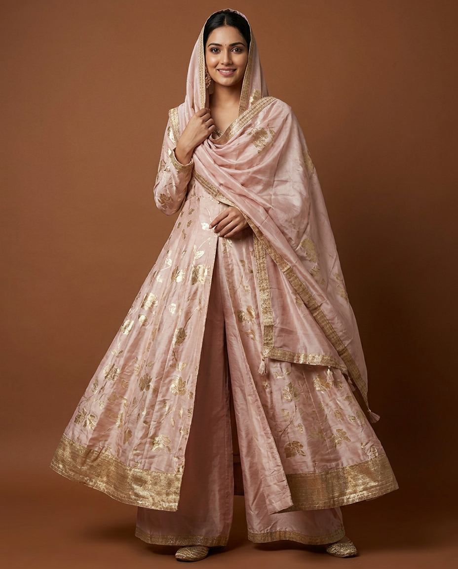Woven Design Chanderi Silk Anarkali Suit With Dupatta In Pink And Gold