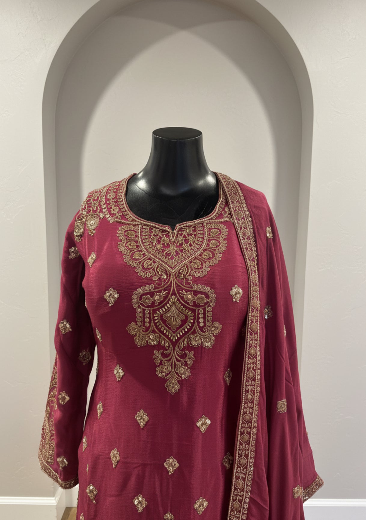 Wine Embroidered Chinnon Sharara Set