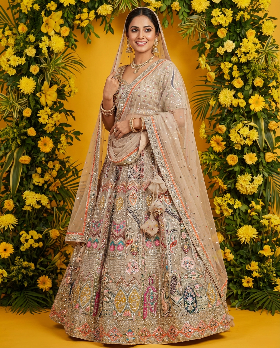 Beige Gold Heavily Embroidered Formal Lehenga Set with Net Dupatta