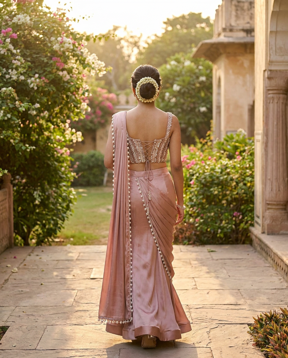 Dusty Rose Pink Lehenga Saree