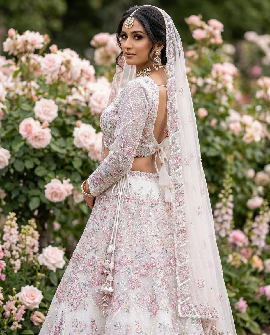 Ivory Blush Floral Embroidered Formal Lehenga Set with Net Dupatta