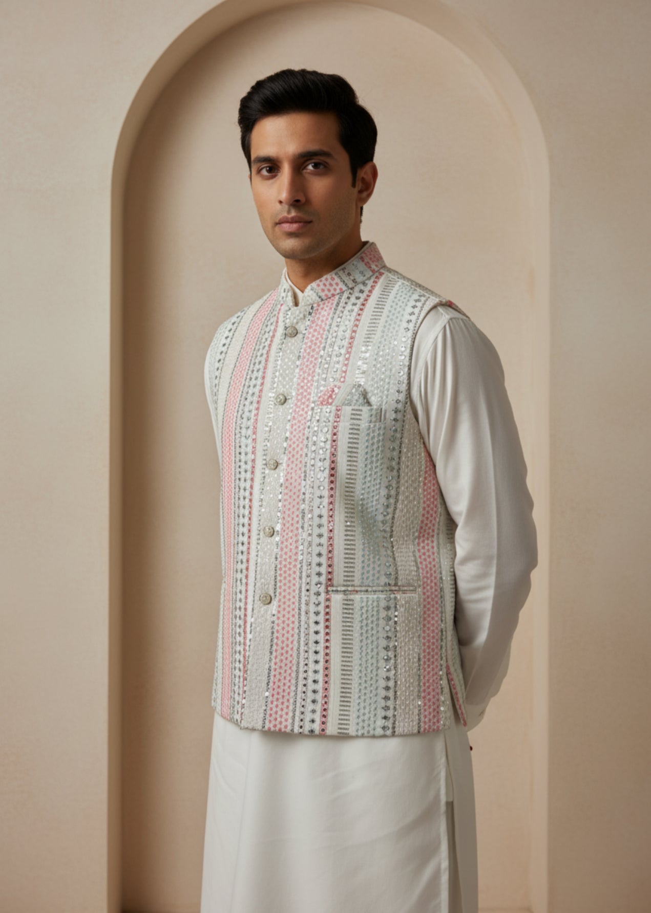 Pastel Embellished Cream Sherwani