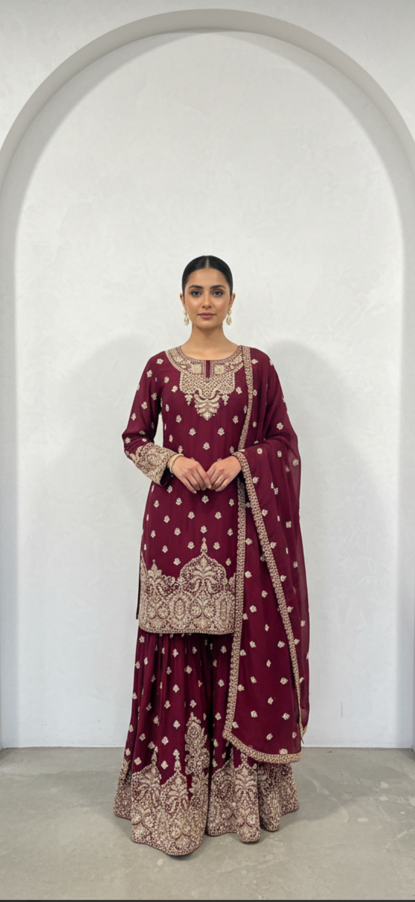 Maroon Embroidered Georgette Sharara Suit