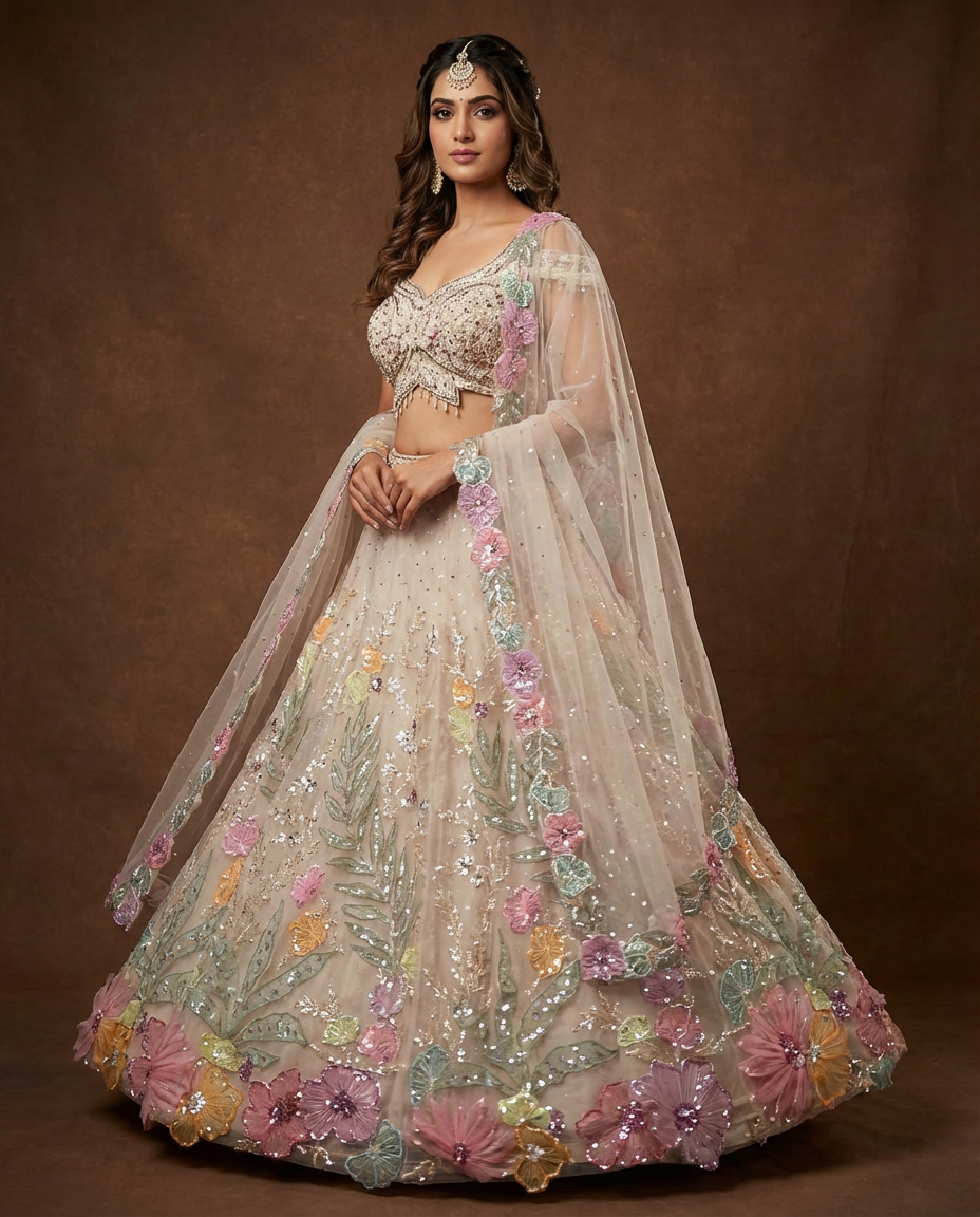 Champagne Beige Floral Embroidered Semi-Formal Lehenga Set with Net Dupatta