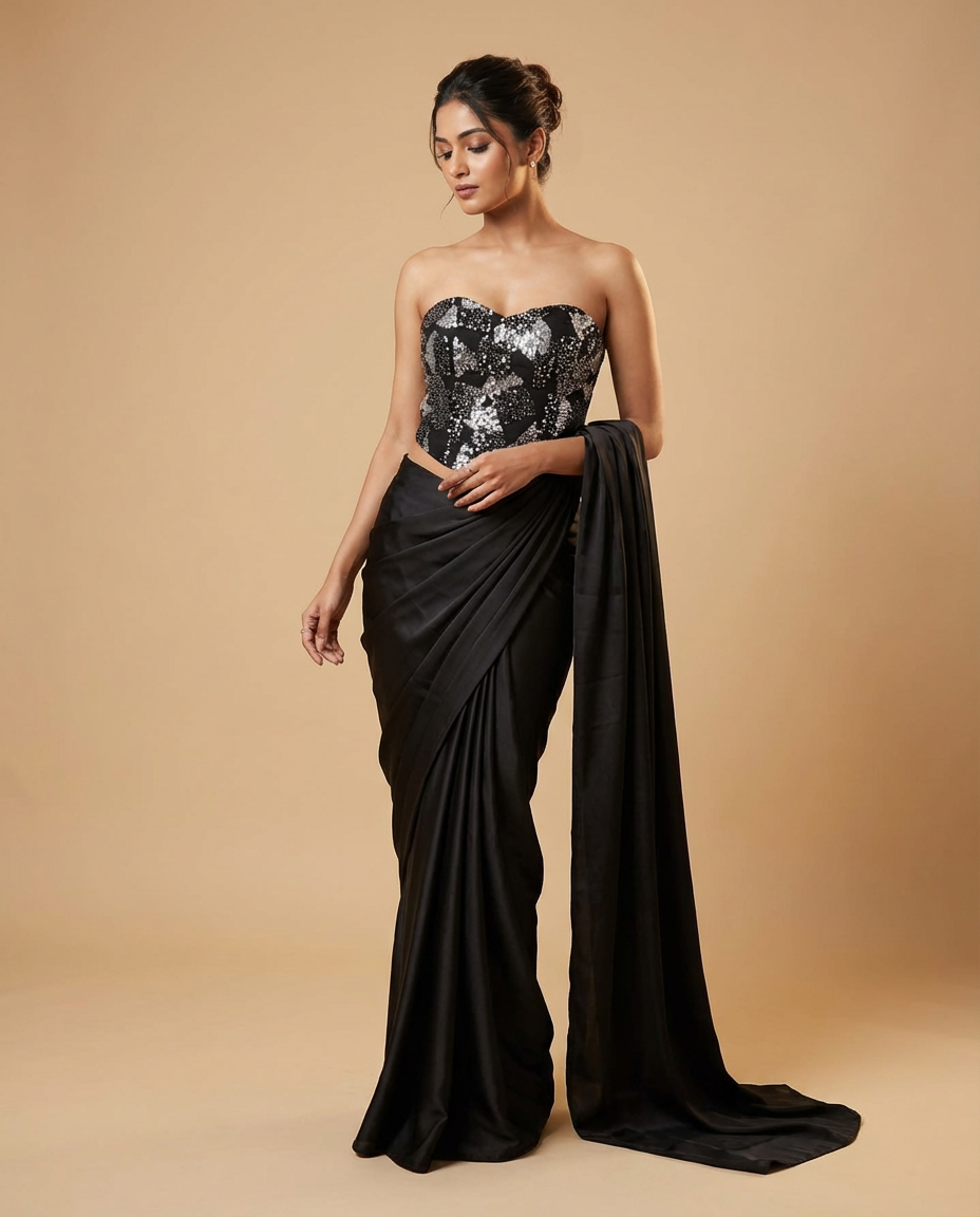 Embellished Pre-Draped Saree with Strapless Blouse