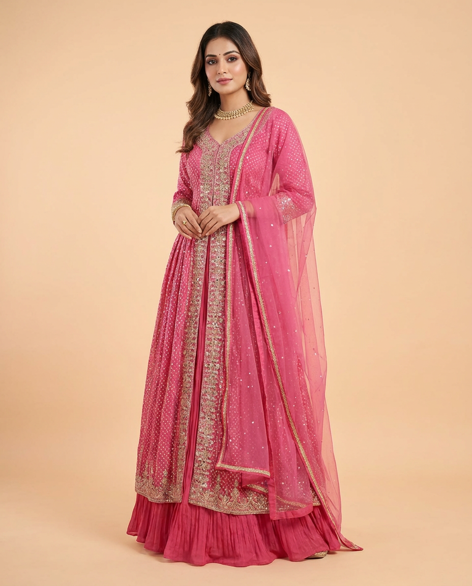 Rose Pink Embroidered Lehenga Set