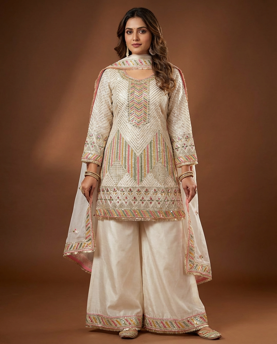Ivory Embroidered Kurta Sharara Set