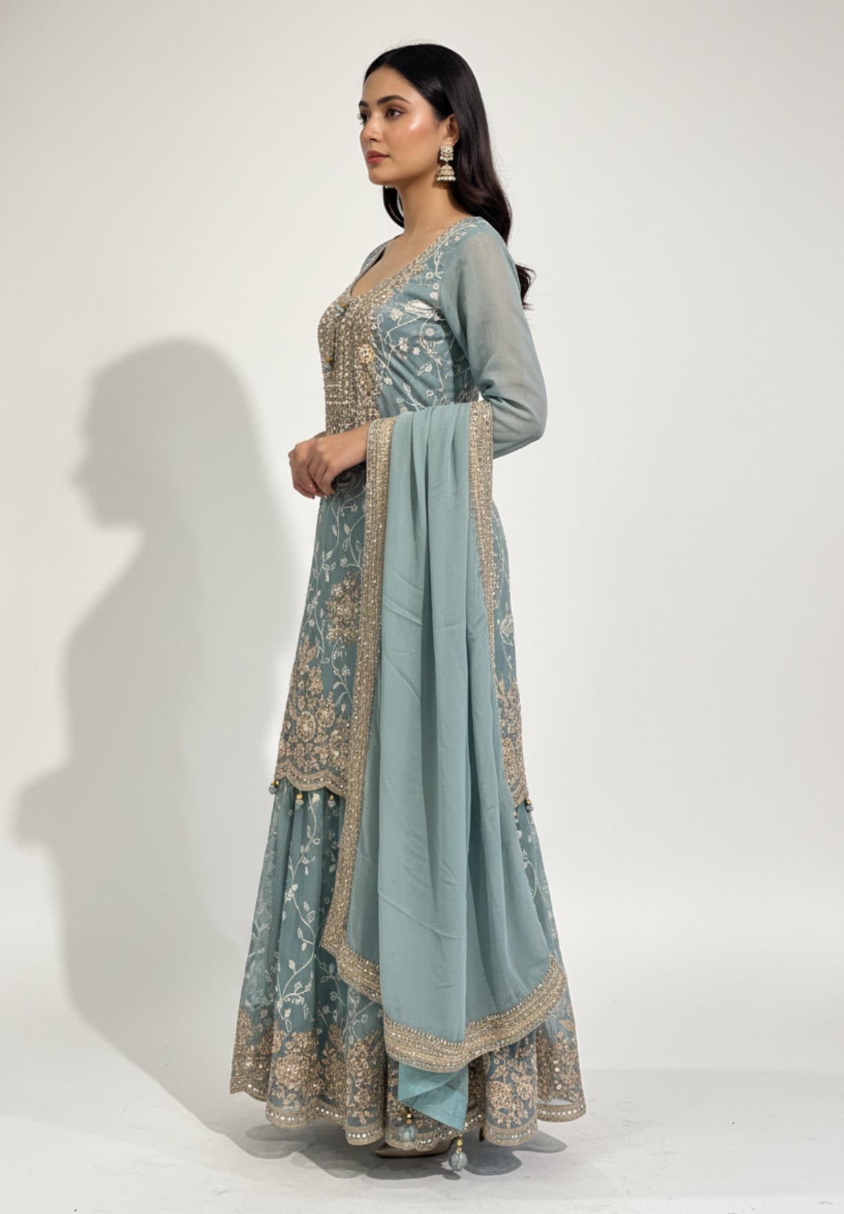 Dusty Blue Embroidered Georgette Sharara Set