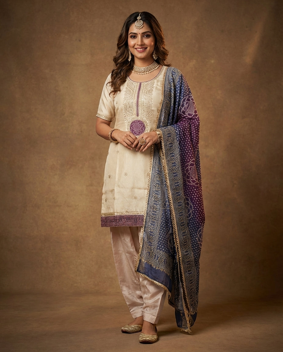 Ivory Embroidered kurta set paired with a richly patterned dupatta