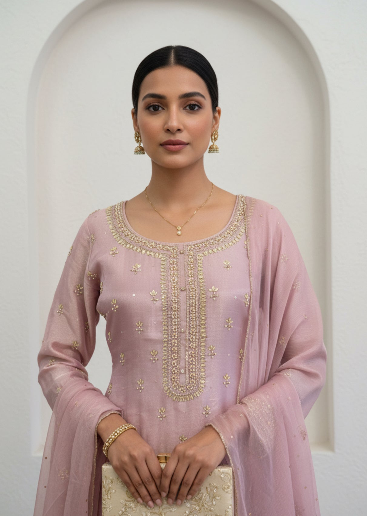 Blush Pink Embroidered Soft Shimmer Suit Set