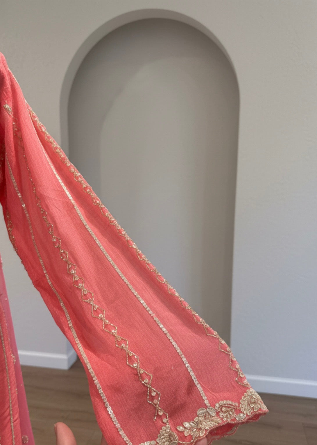 Coral Pink Embroidered Georgette Sharara Set