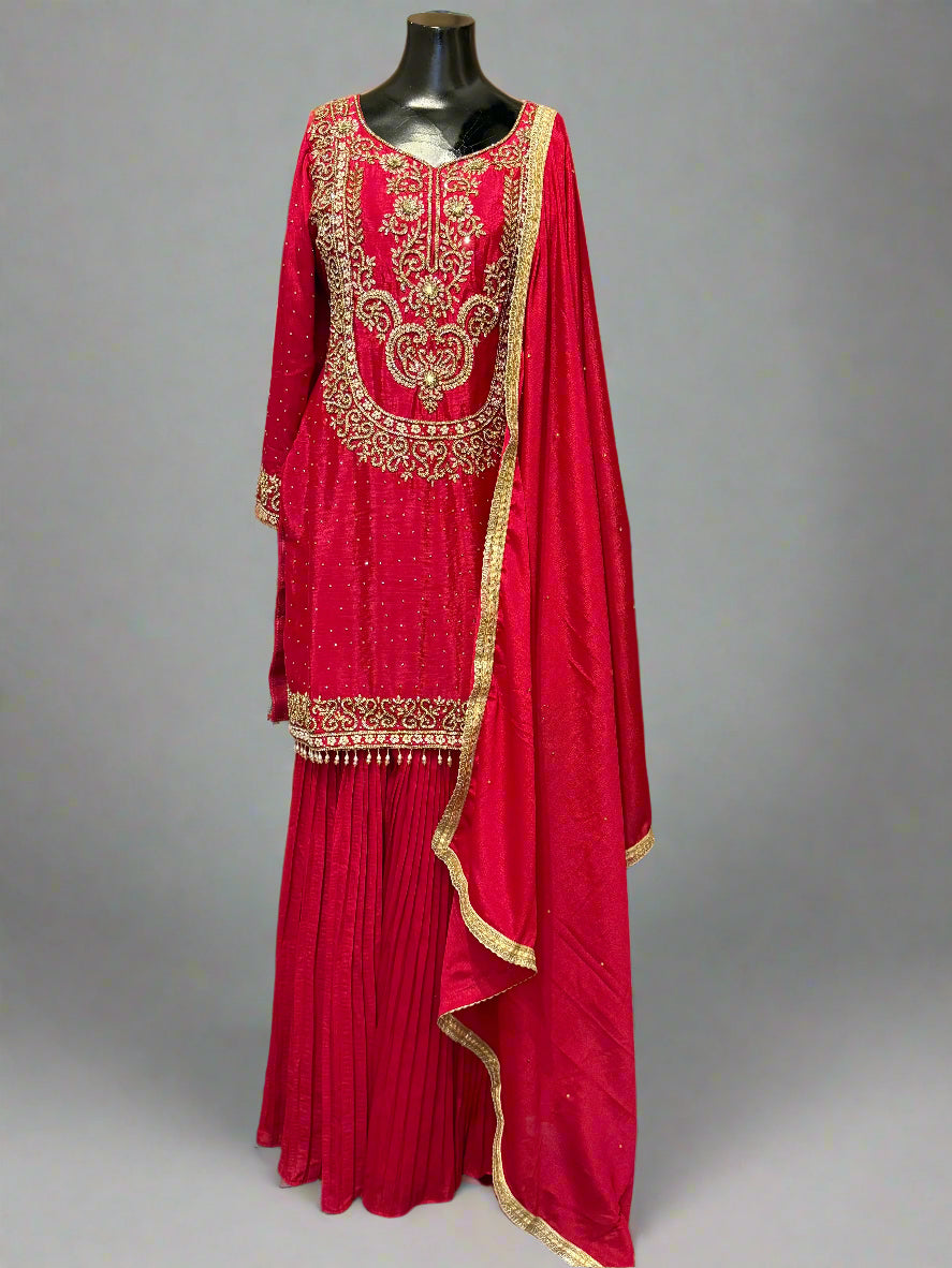 Red Embroidered Gharara Suit Set with Dupatta