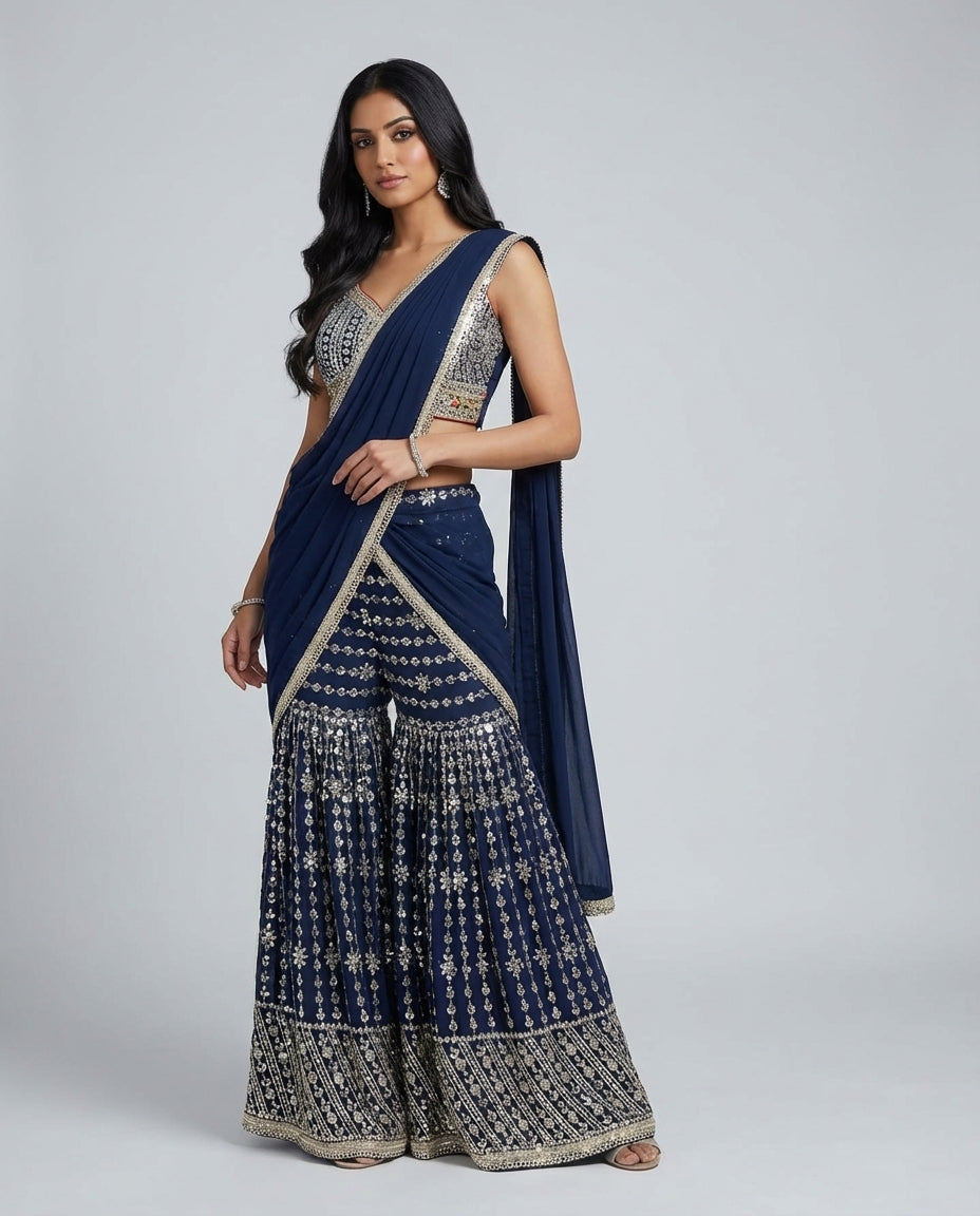 Navy Blue Embroidered Sharara Saree Set with Draped Pallu