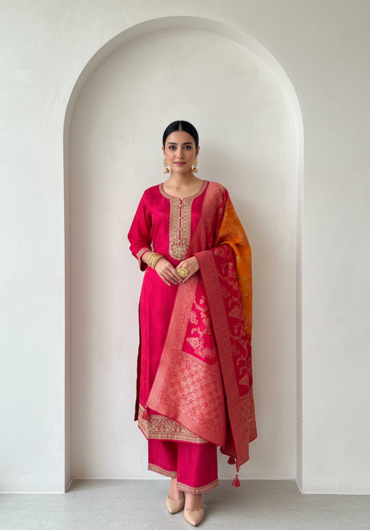 Fuchsia Pink and Orange Banarasi Silk Suit Set