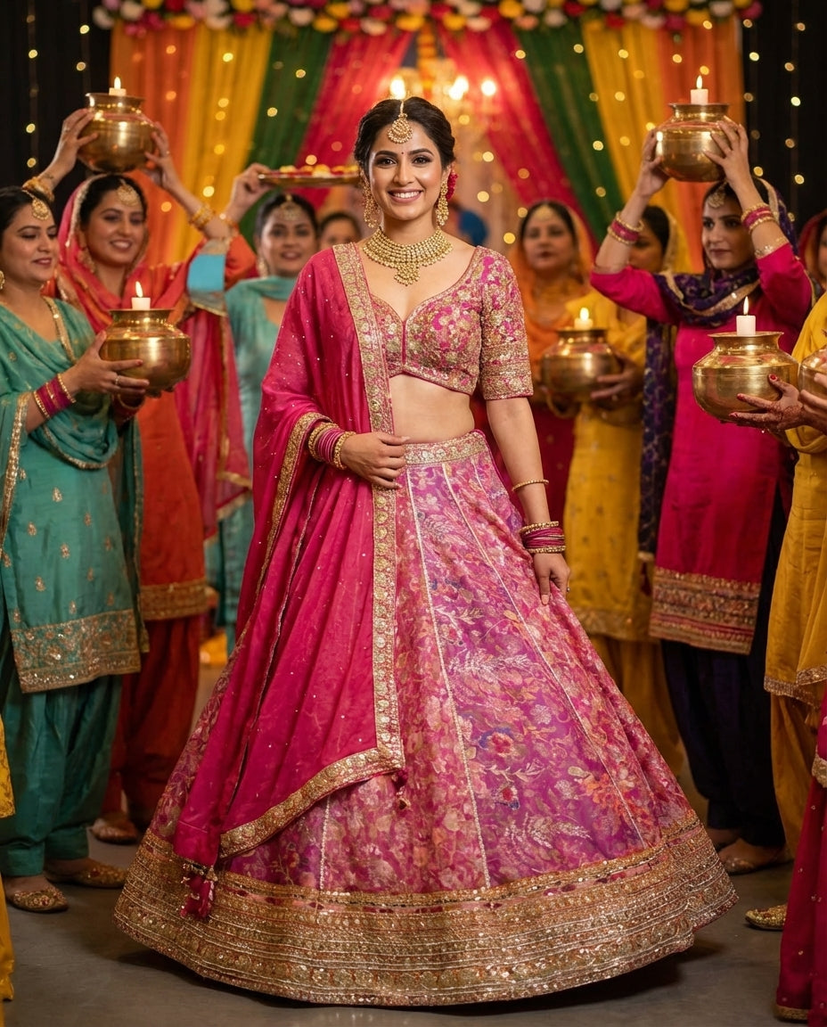 Fuchsia Pink Zari Embroidered Lehenga Set
