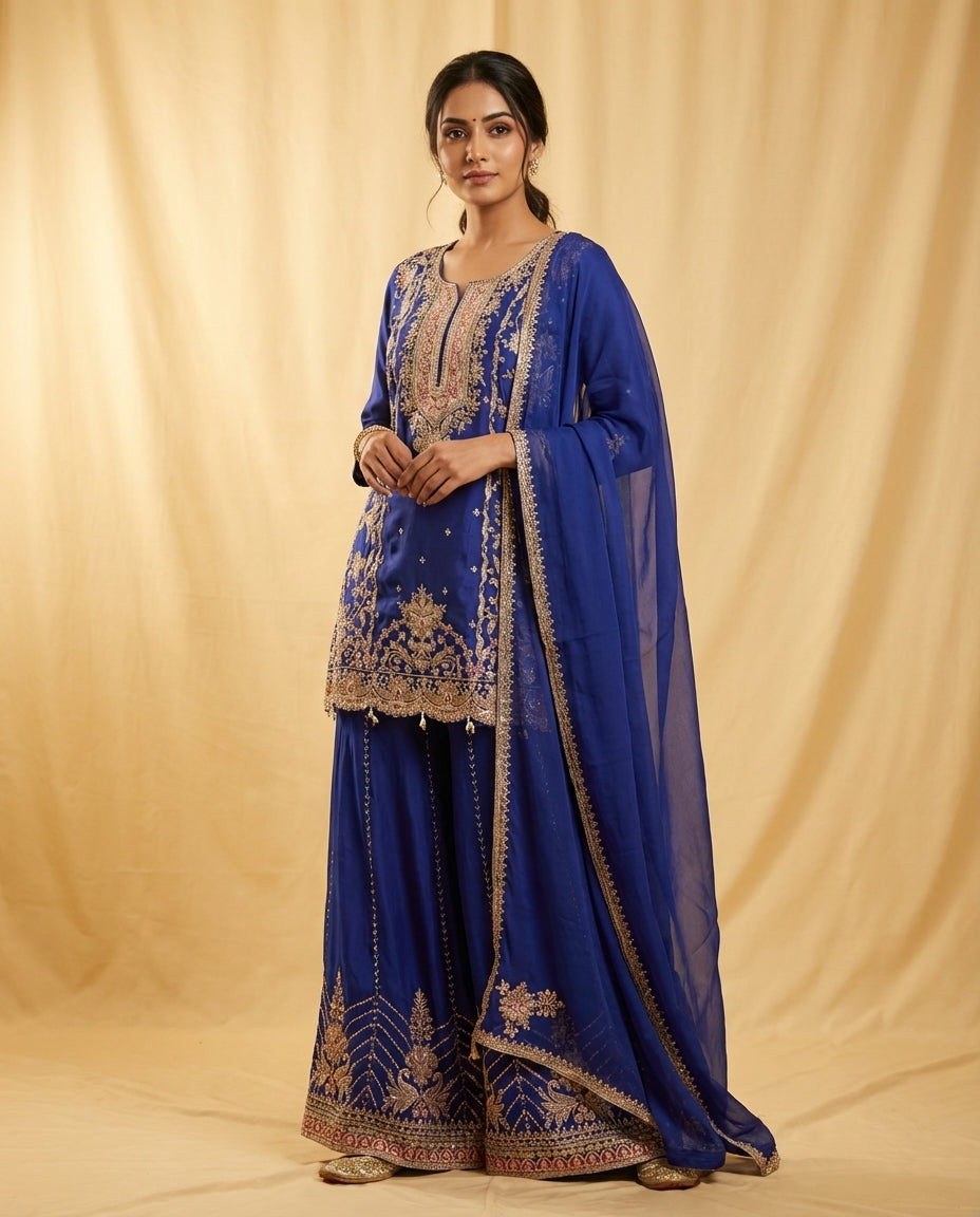 Royal Blue Embroidered Sharara Suit Set