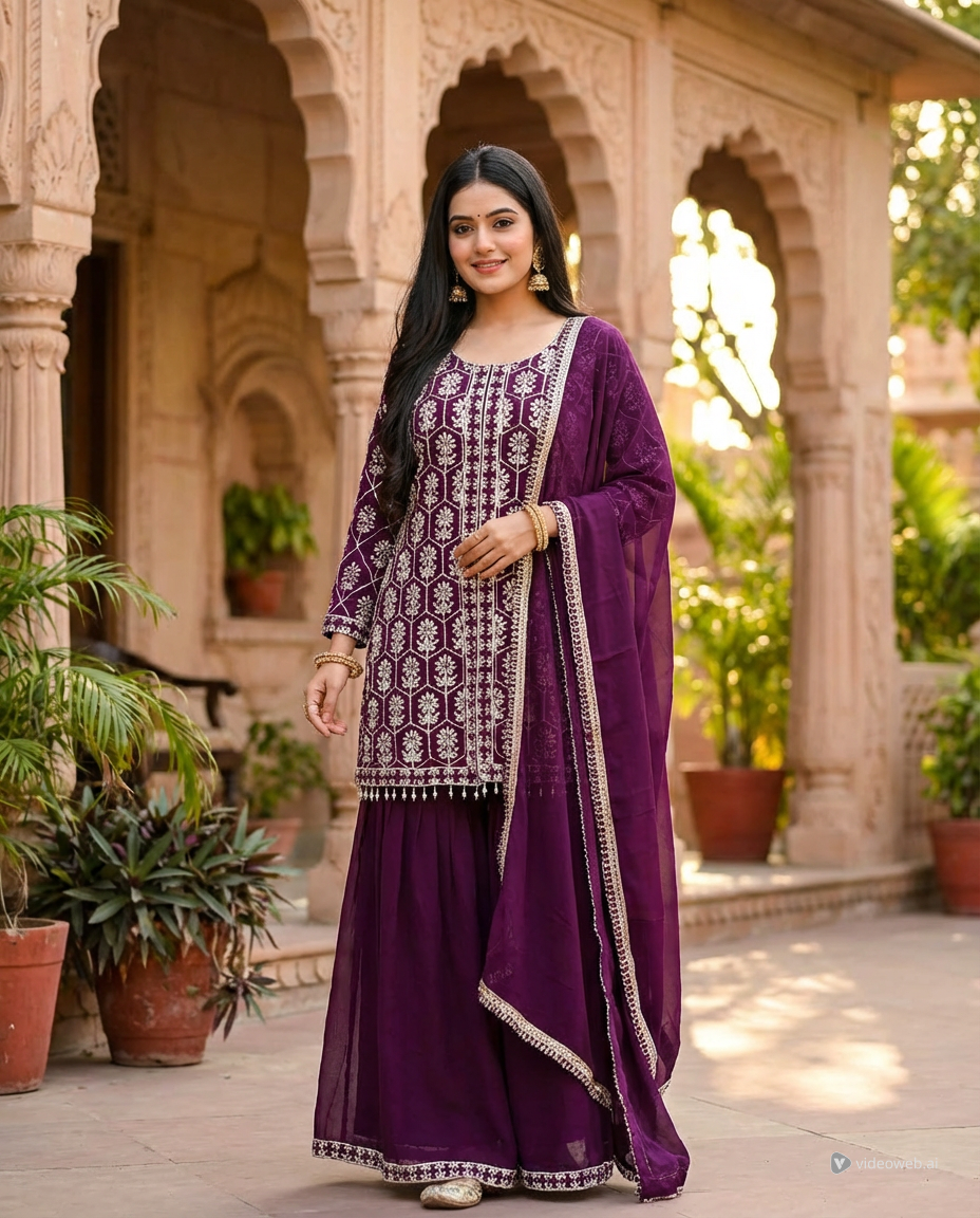 Maroon Embroidered Sharara Suit