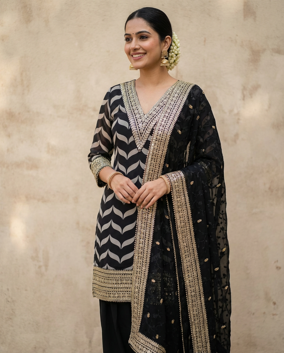 Black & Gold Embroidered Unstitched Suit Set with Designer Dupatta