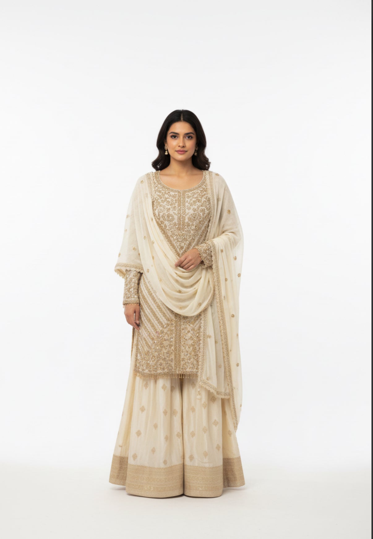 Ivory Gold Embroidered Georgette Sharara Set