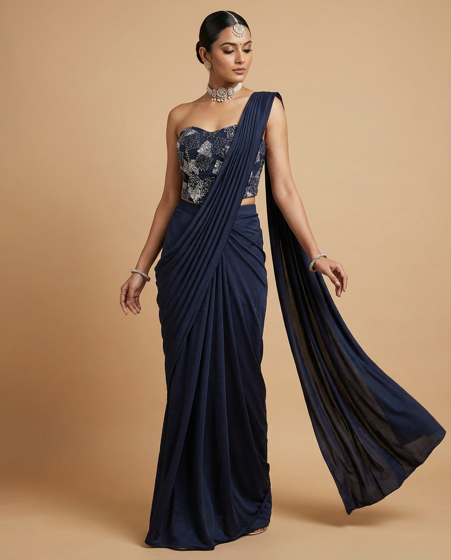Embellished Pre-Draped Saree with Strapless Blouse