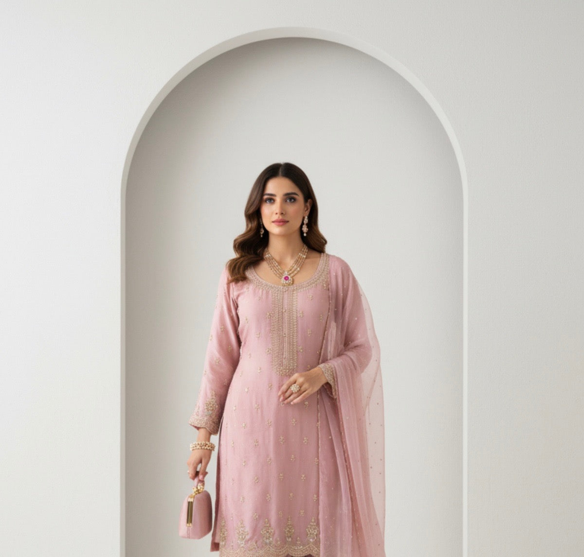 Blush Pink Embroidered Soft Shimmer Suit Set