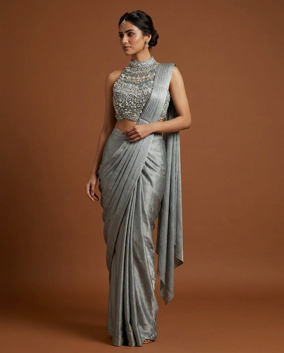 Luxurious Sky Blue Drape Saree