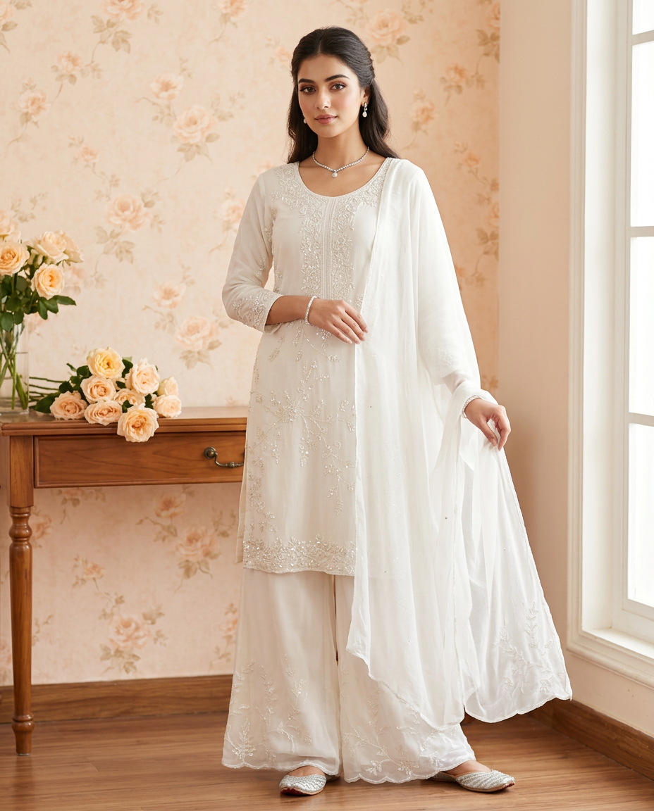 Elegant White Sharara Suit With Same Tone Embroidered
