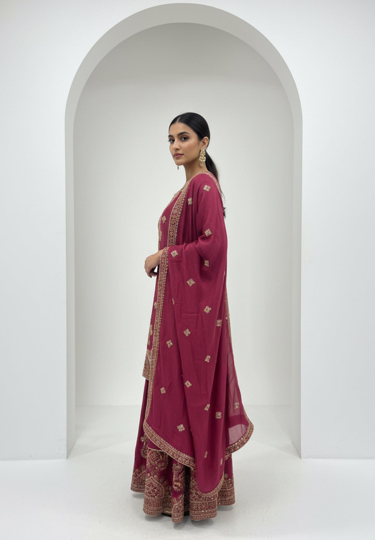 Wine Embroidered Chinnon Sharara Set
