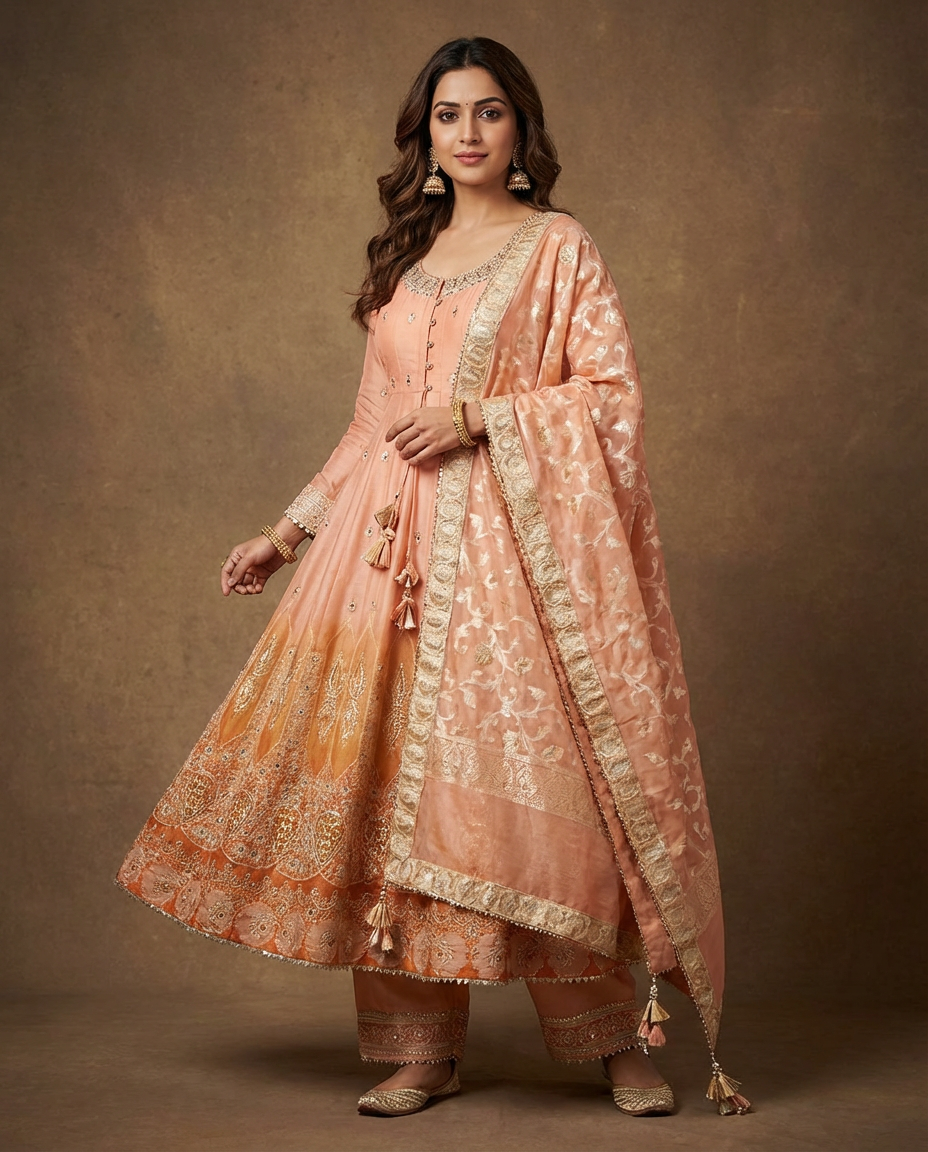 Peach Embroidered Anarkali Suit Set