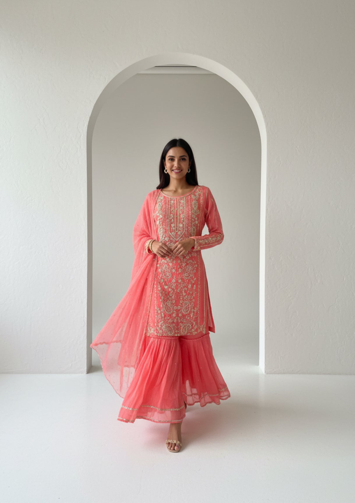 Coral Pink Embroidered Georgette Sharara Set