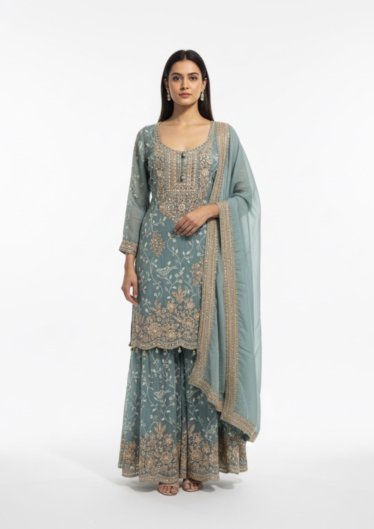 Dusty Blue Embroidered Georgette Sharara Set