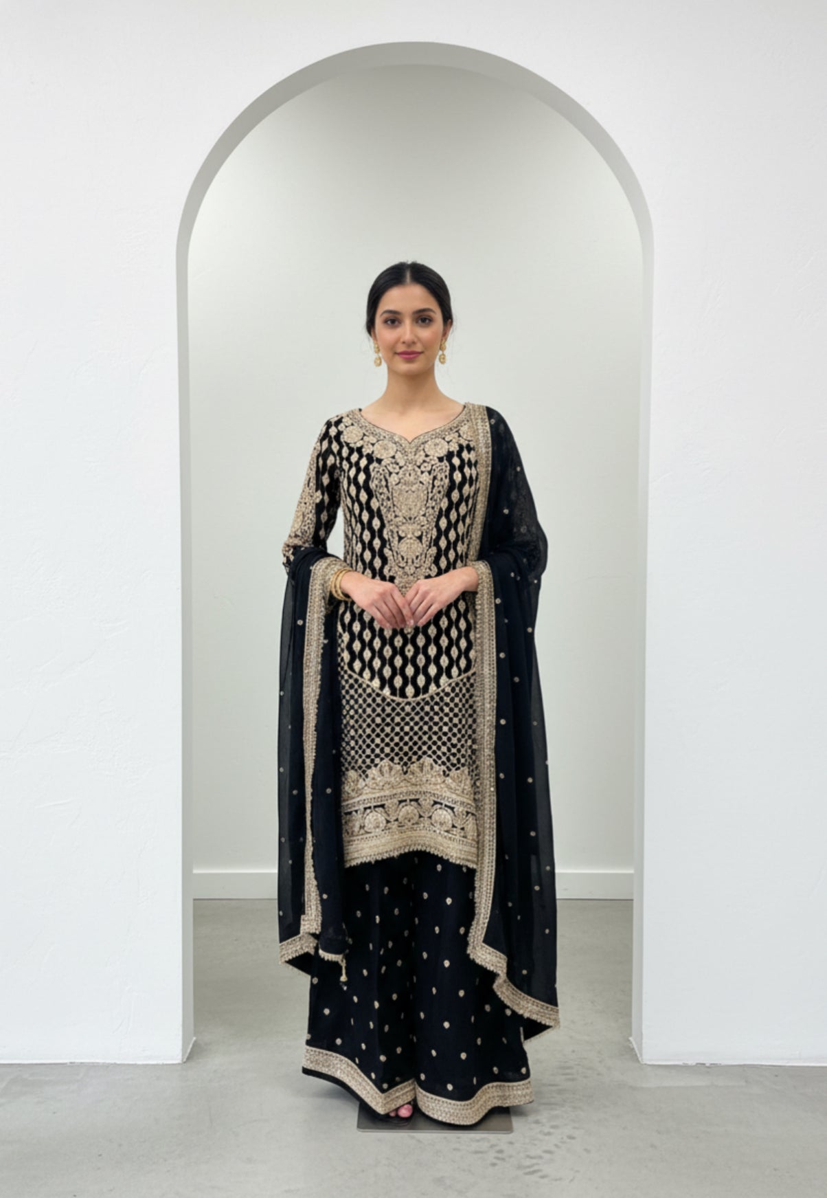 Gold Embroidered Chinnon High-low palazzo Set