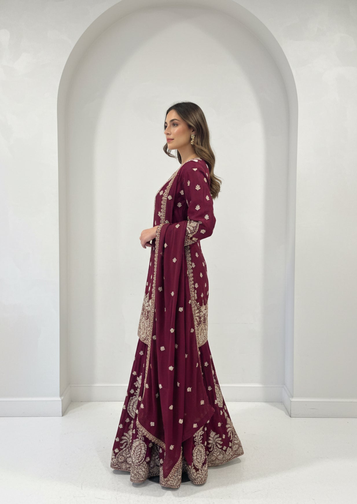 Maroon Embroidered Georgette Sharara Suit