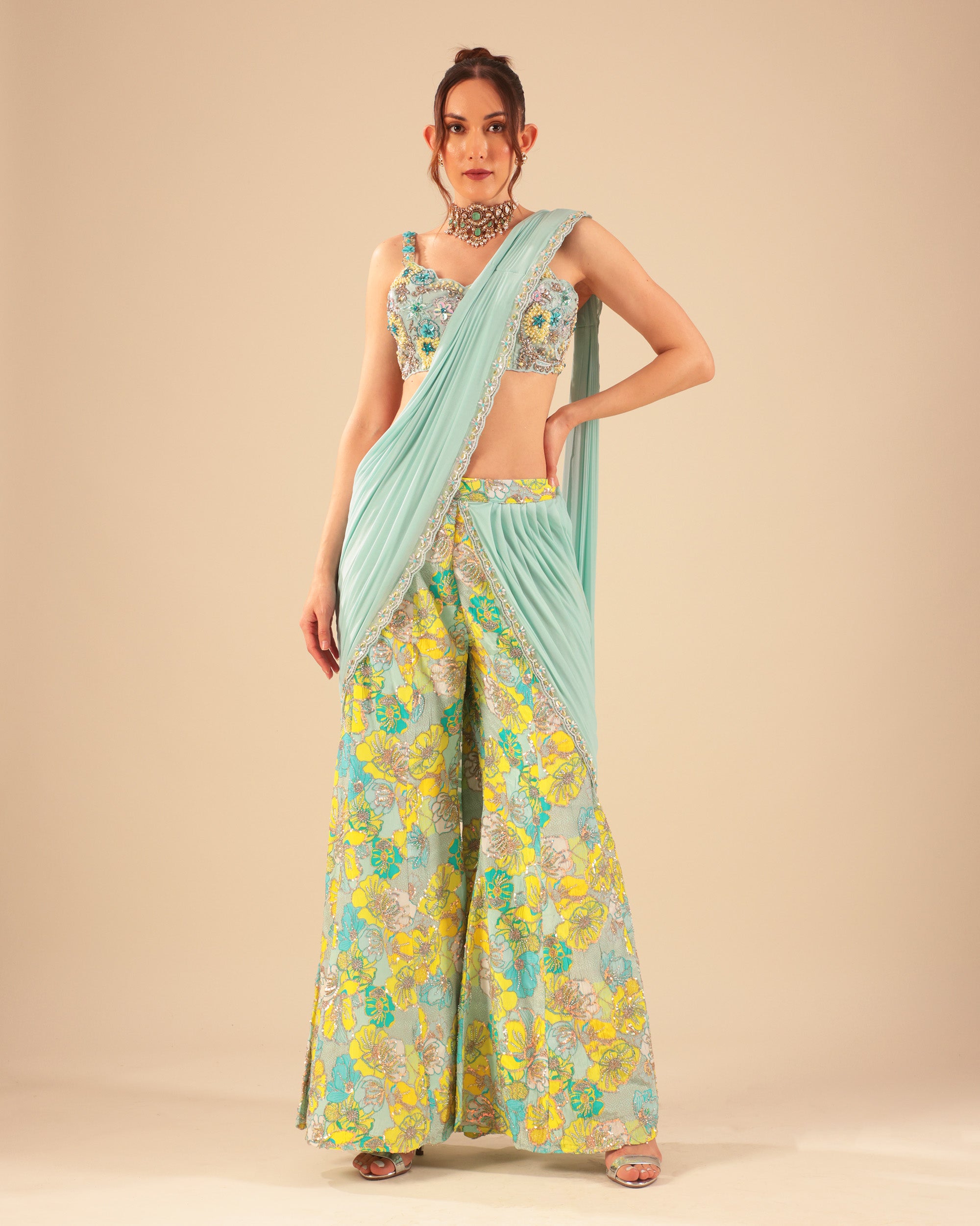 Aqua Blue Floral Embroidered Drape Sharara Set