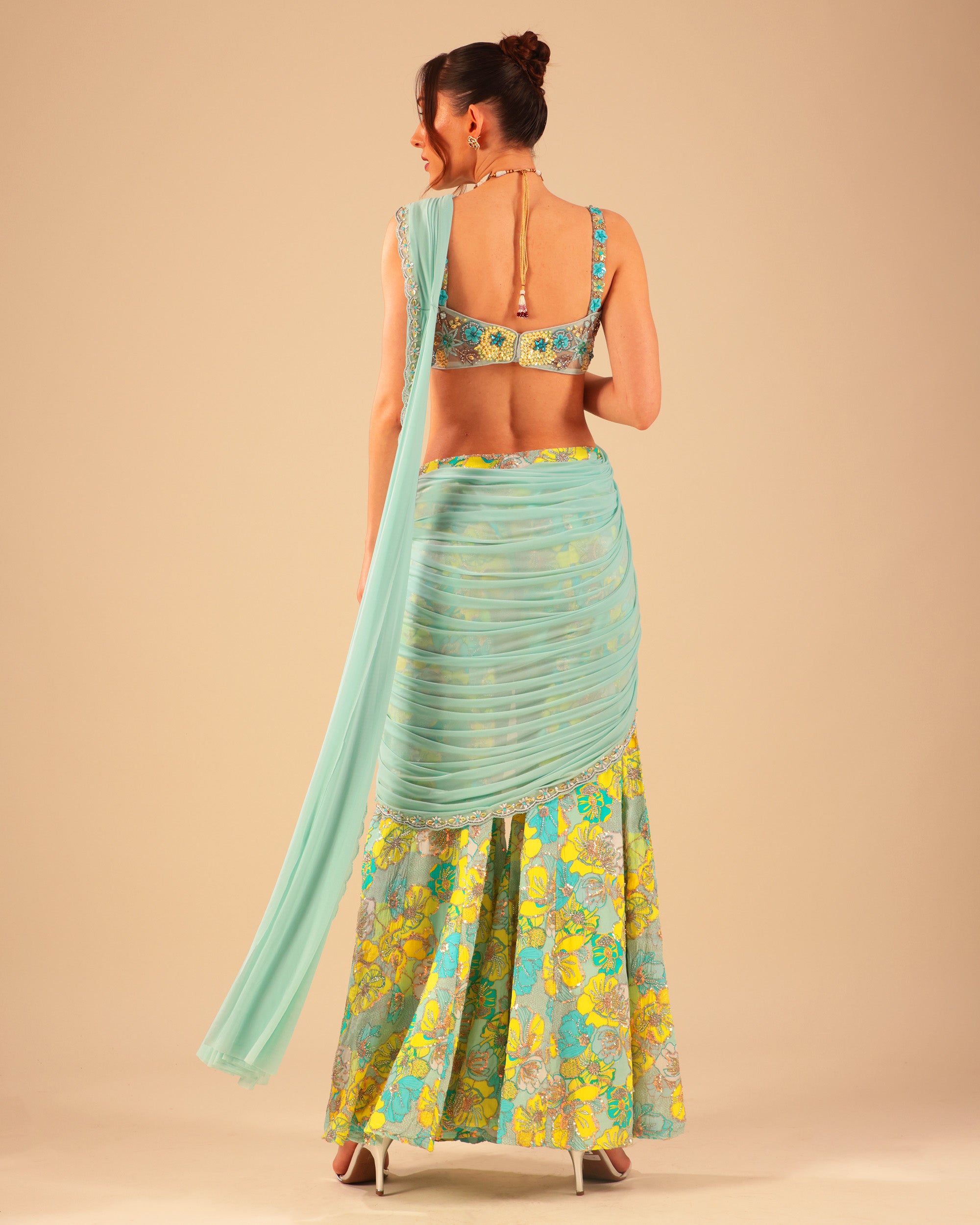 Aqua Blue Floral Embroidered Drape Sharara Set