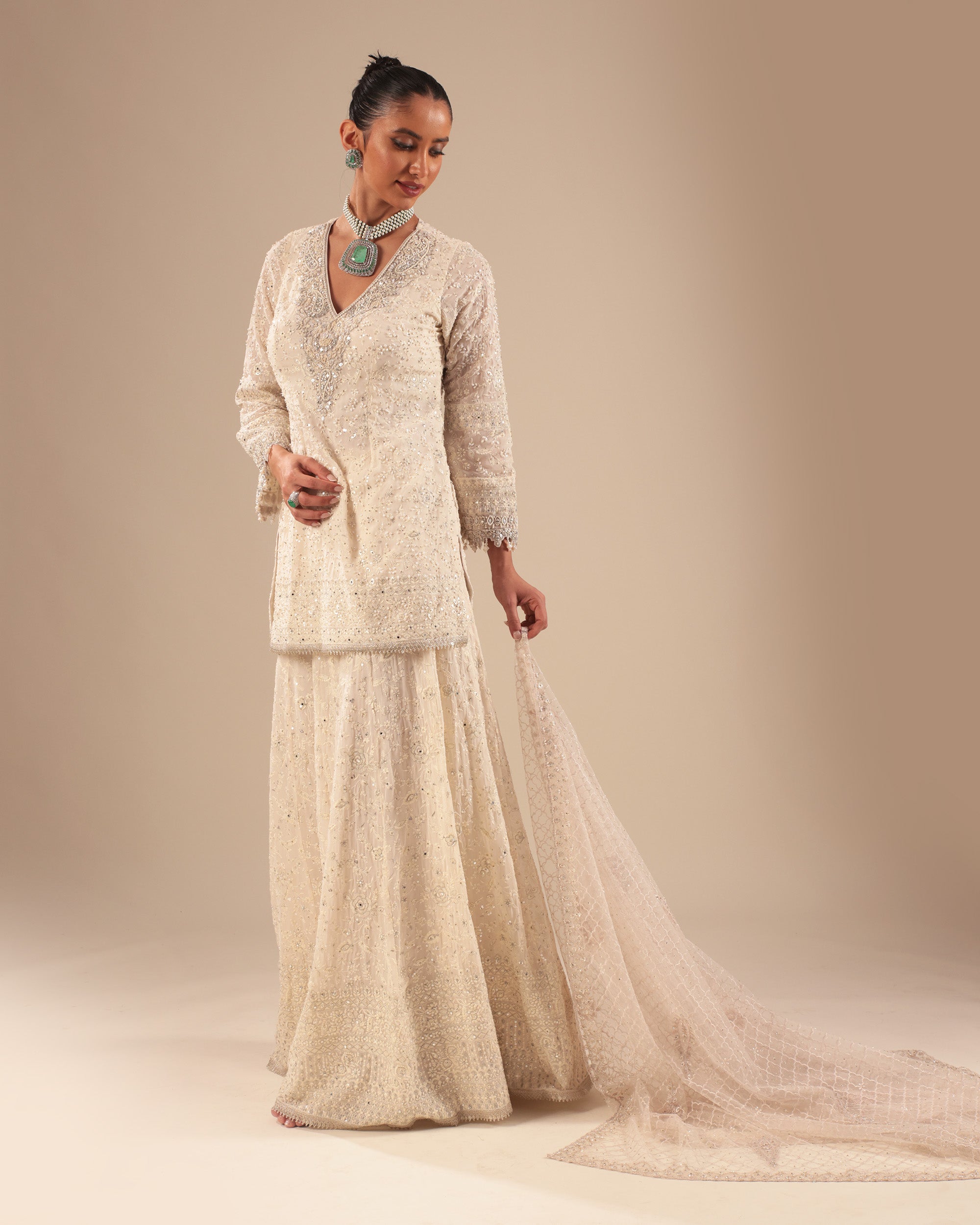 Beige Embellished Sharara Suit Set