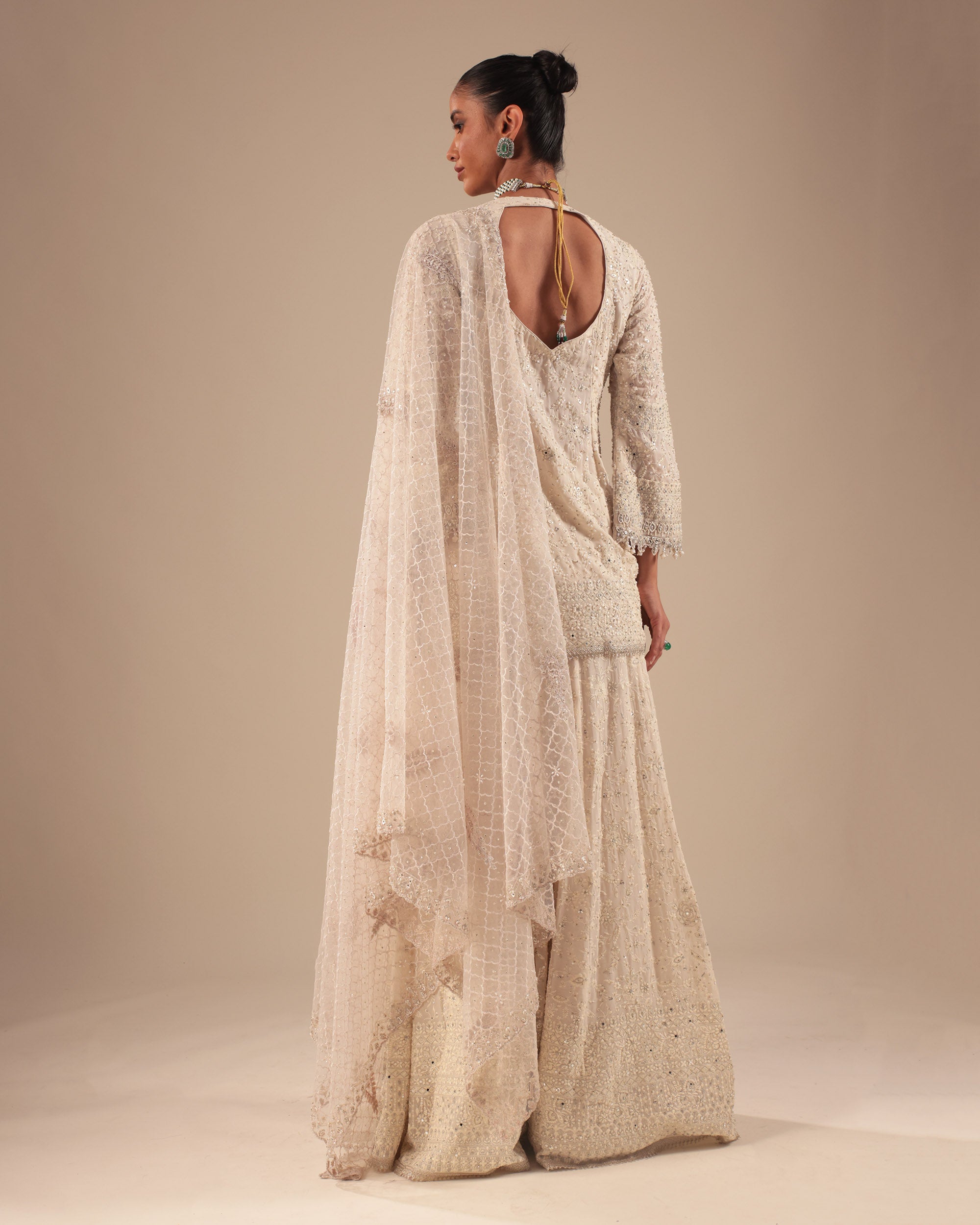 Beige Embellished Sharara Suit Set